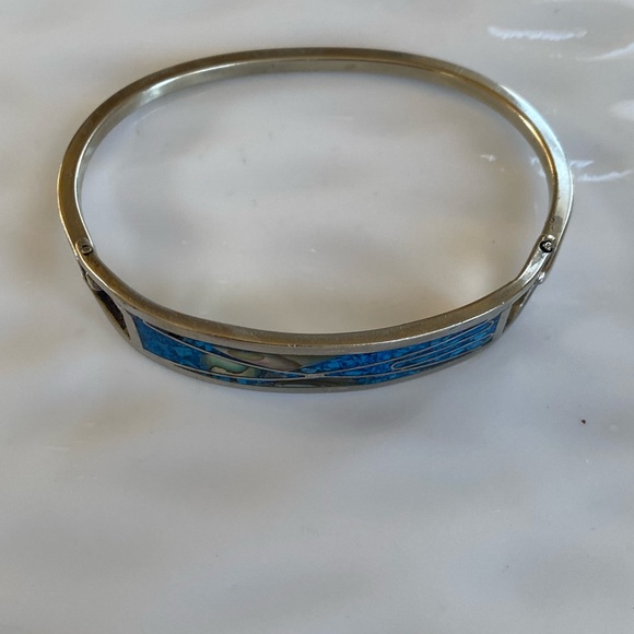 Vintage Silver and Turquoise and Abalone Women's bangle Bracelet - Picture 5 of 9